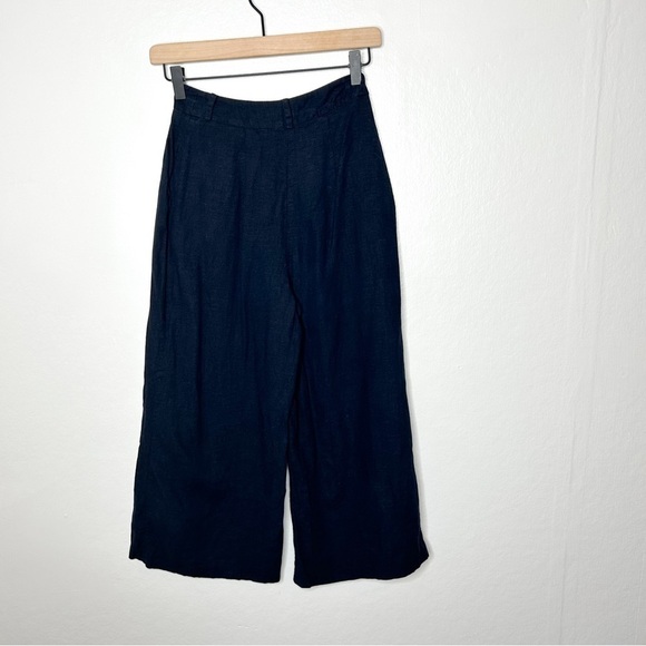 ASOS Coastal High Rise Wide‎ Leg Crop Navy Blue Linen Blend Pants 0 - Picture 8 of 9